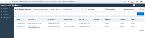 Call Detail Records report limitations - Users with full access to Call Records can view both legs for Record 1 and Record 2